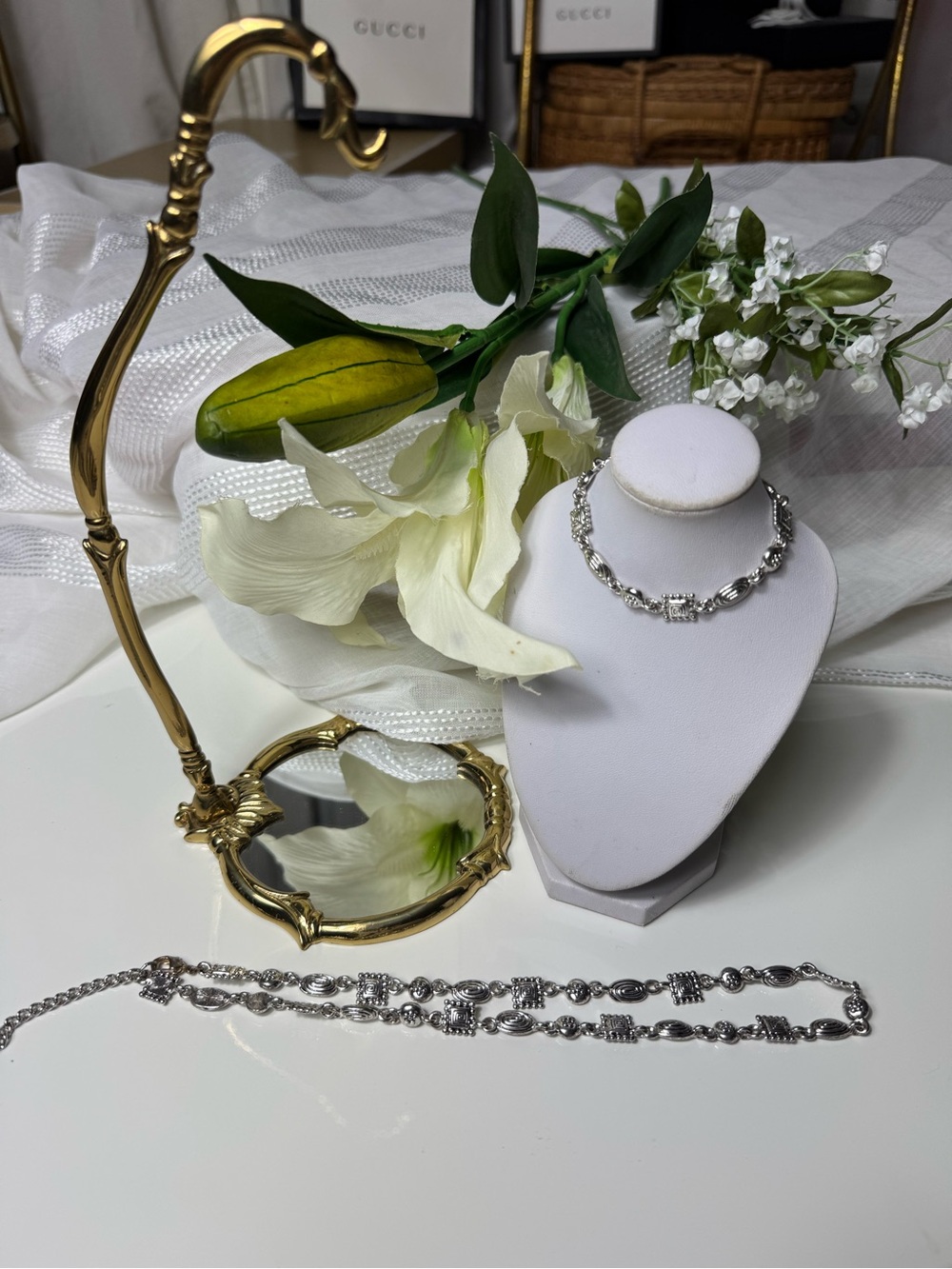 Vintage Silver Charm Link flower swirl Necklace & bracelet set - Napier